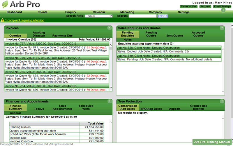 Arb Office dashboard screen