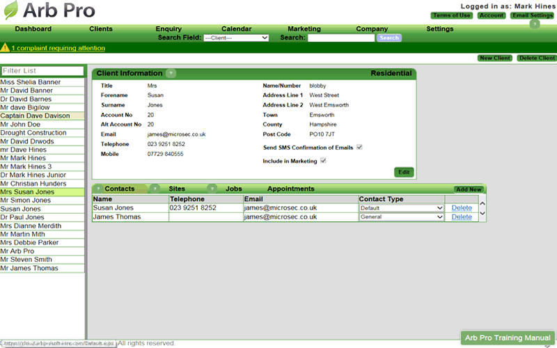 Arb Office managing client data screen